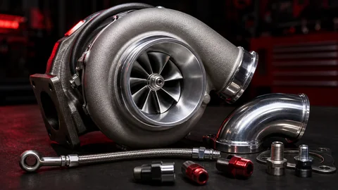 Turbochargers, intercooler, charge piping, valves, lines, and supporting forced-induction hardware