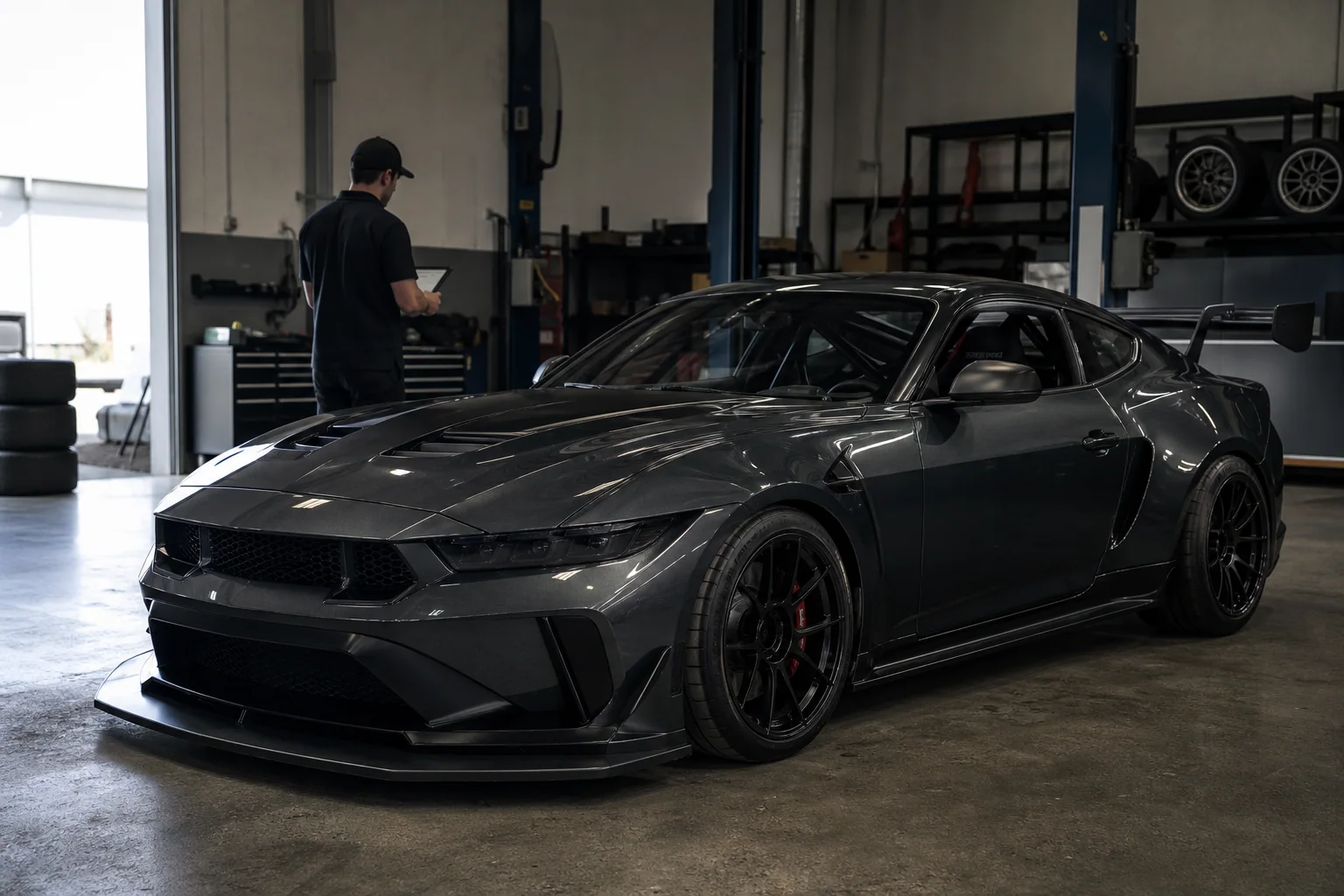 High-performance track car undergoing a professional consignment preparation review in a motorsport workshop