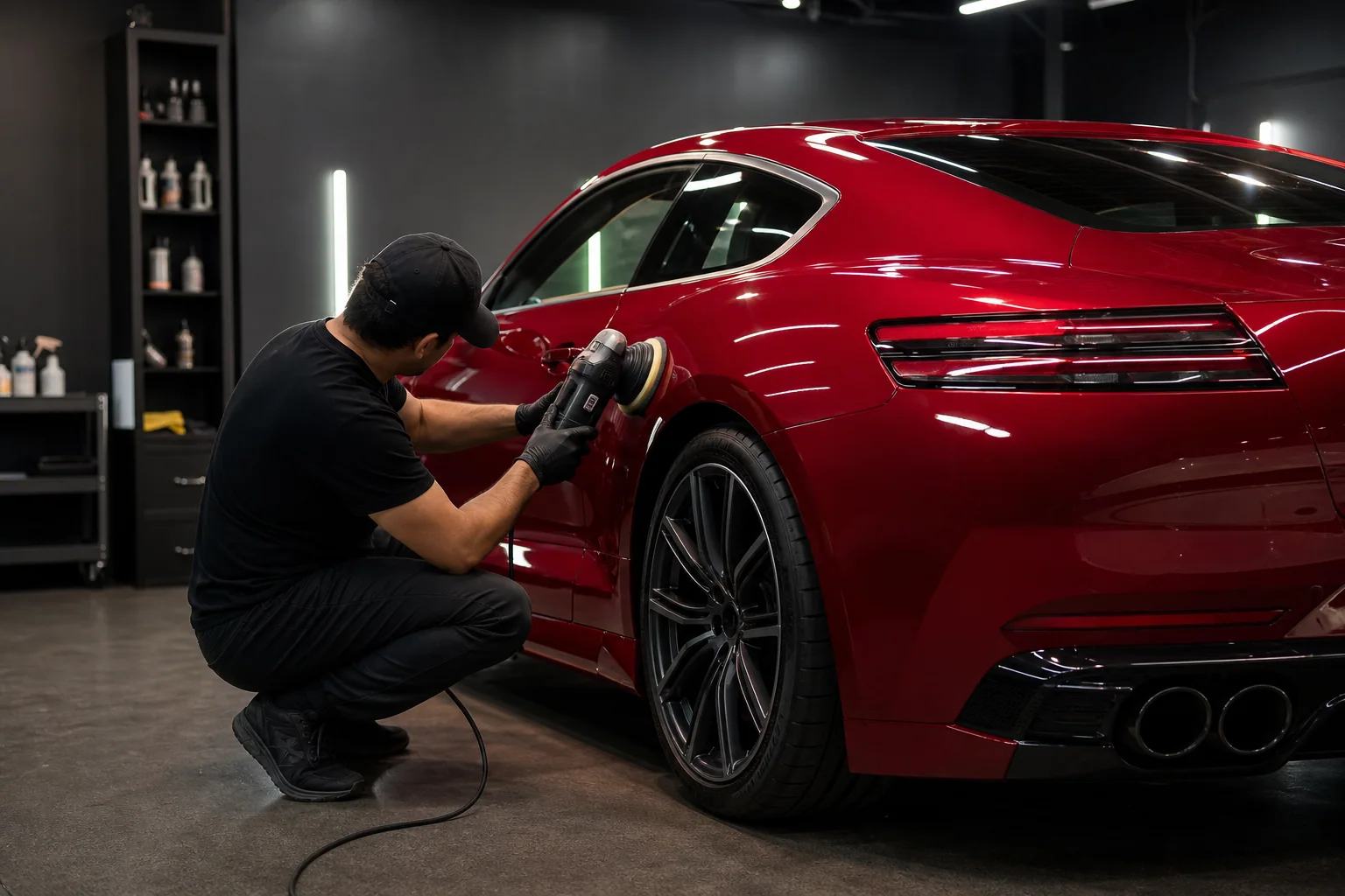 Professional detailer polishing a red performance car before its consignment photography