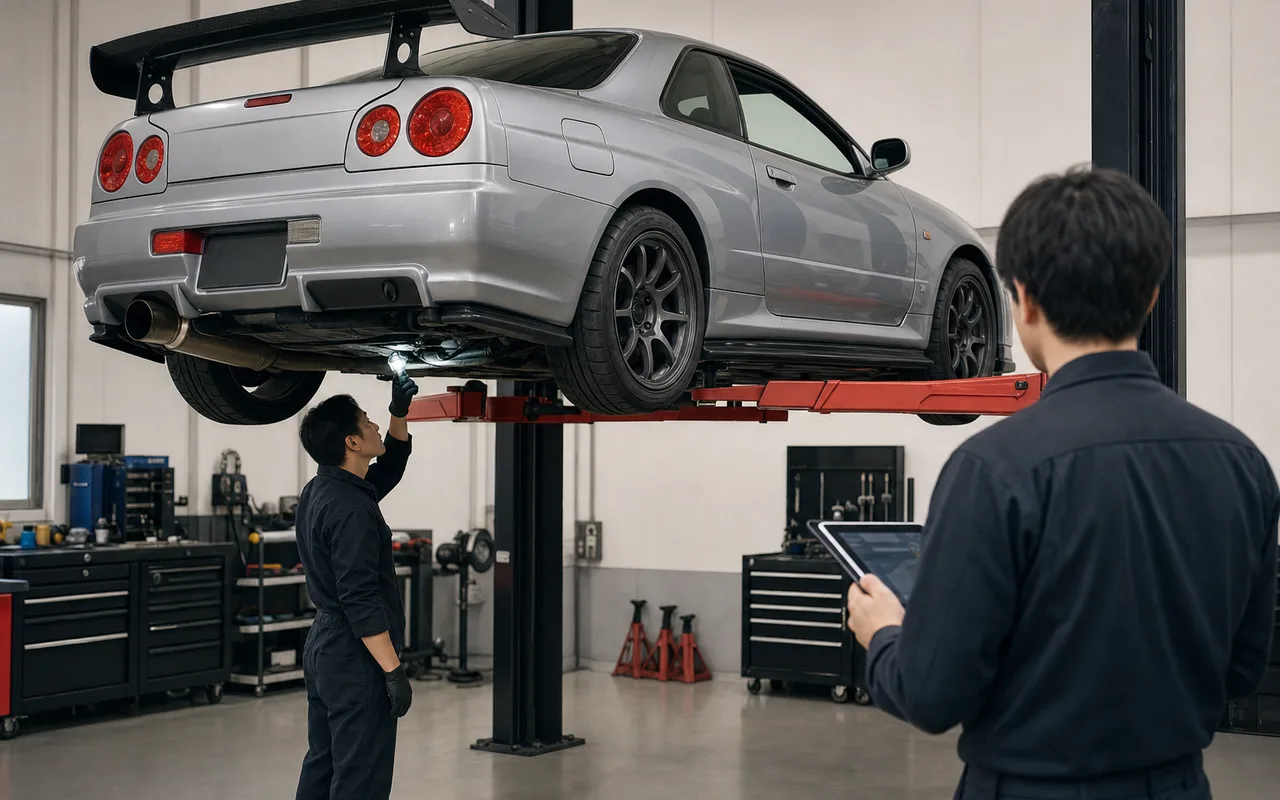 Silver Nissan Skyline GT-R R34 undergoing a workshop inspection