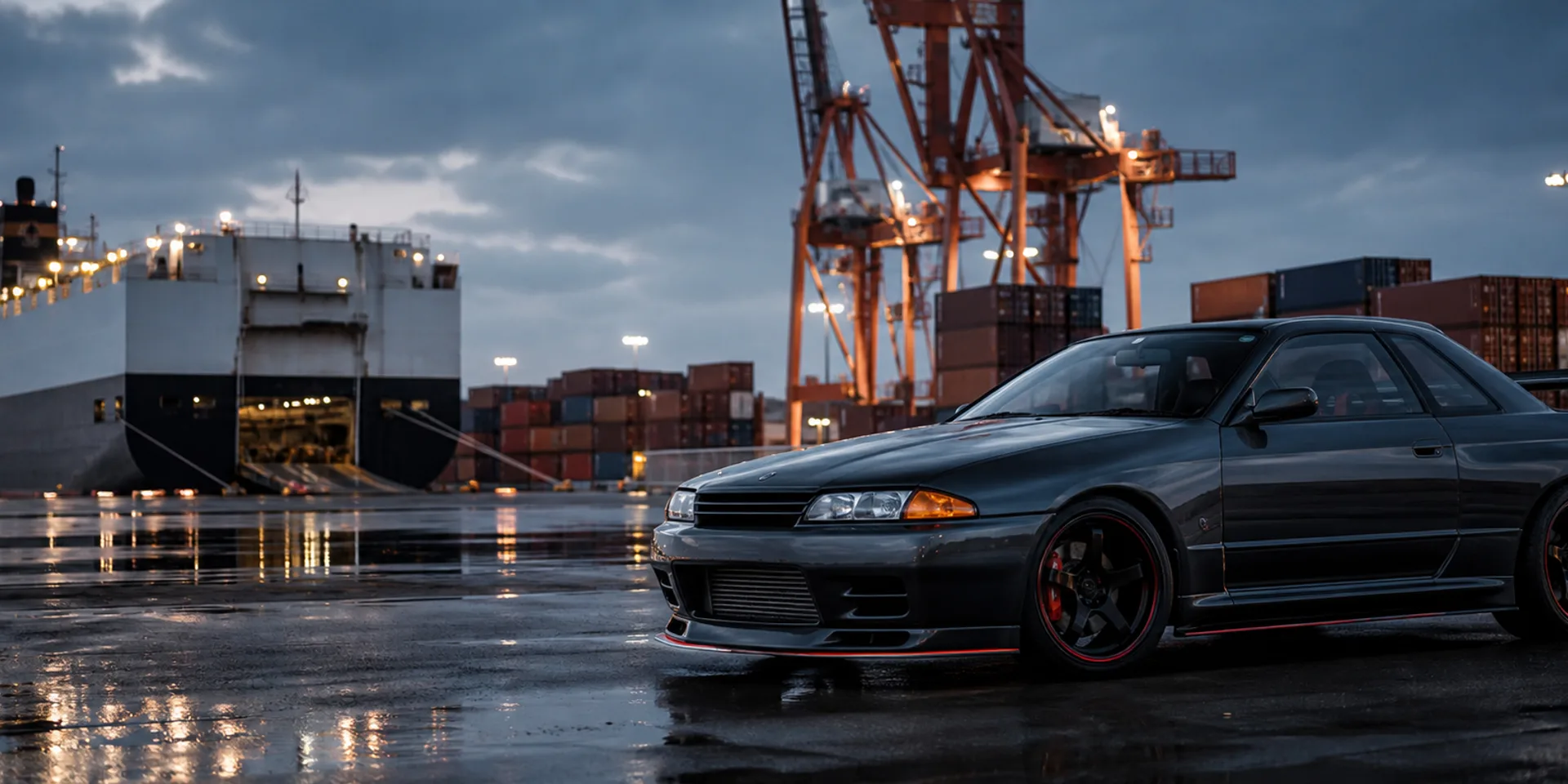 Gunmetal Nissan Skyline GT-R R32 at a Japanese vehicle export port